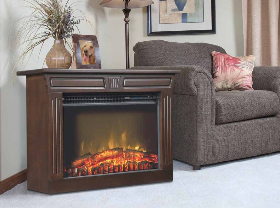 An Amish Fireplace set next to a living room set
